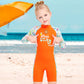 Orange “She's So Lucky” Printed Full Sleeves, Knee Length Kids Swimwear in Upf 50+ Fabric with Swim Cap & Free Washbag -