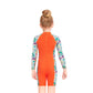 Orange “She's So Lucky” Printed Full Sleeves, Knee Length Kids Swimwear in Upf 50+ Fabric with Swim Cap & Free Washbag -