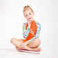 Orange “She's So Lucky” Printed Full Sleeves, Knee Length Kids Swimwear in Upf 50+ Fabric with Swim Cap & Free Washbag -
