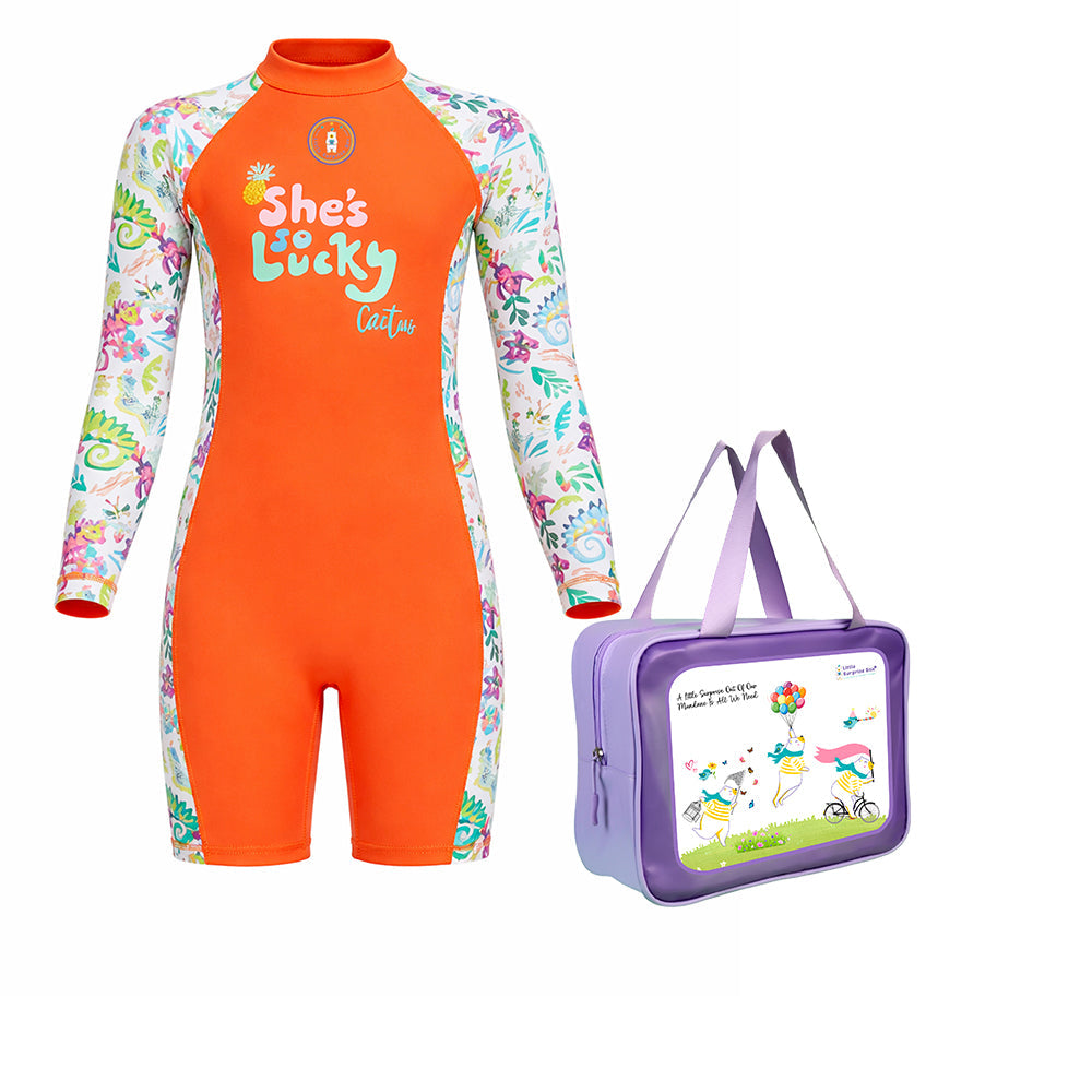 Orange “She's So Lucky” Printed Full Sleeves, Knee Length Kids Swimwear in Upf 50+ Fabric with Swim Cap & Free Washbag -