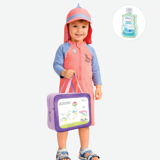 Peach & Blue spiked Dino, Toddlers & Kids Swimwear with long Cap Free Wash Bag & Free Swim Detergent - Little Surprise Box