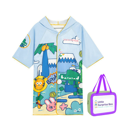 Blue Dino Lightweight Microfibre Hooded Swim Poncho/ beach coverup towel for Kids with Free Washbag - Little Surprise Box