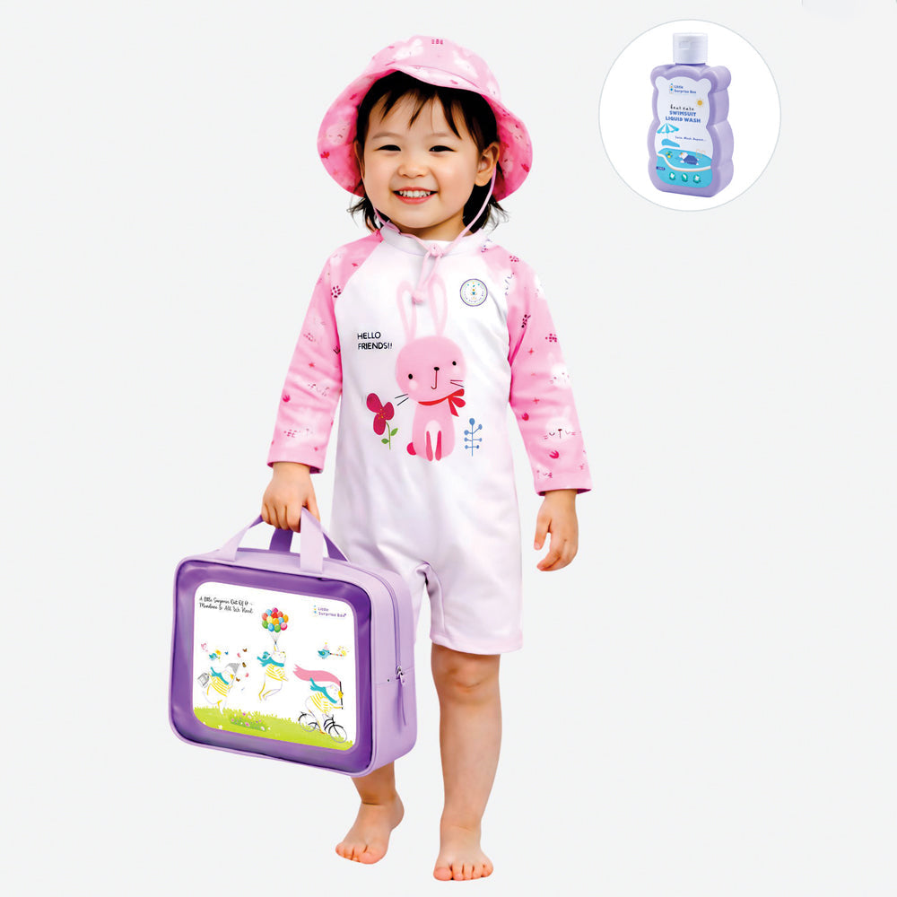 Pink Bunny, Toddlers & Kids Swimwear with matching Hat, Free Wash Bag & Free Swim Detergent - Little Surprise Box