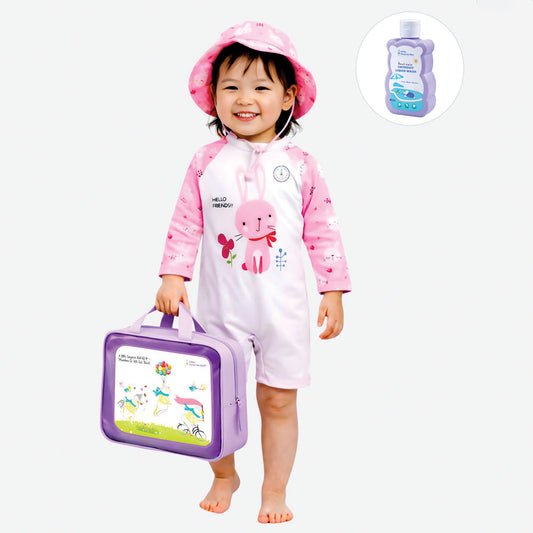 Pink Bunny, Toddlers & Kids Swimwear with matching Hat, Free Wash Bag & Free Swim Detergent - Little Surprise Box