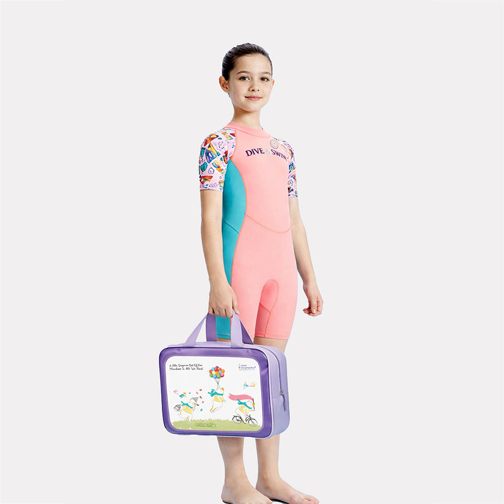 Pink Multi-Color Toy Play Printed, Half Sleeves, Knee Length Kids Swimwear in Upf 50+ Fabric with Swim Cap & Free Washbag -