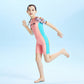 Pink Multi-Color Toy Play Printed, Half Sleeves, Knee Length Kids Swimwear in Upf 50+ Fabric with Swim Cap & Free Washbag -