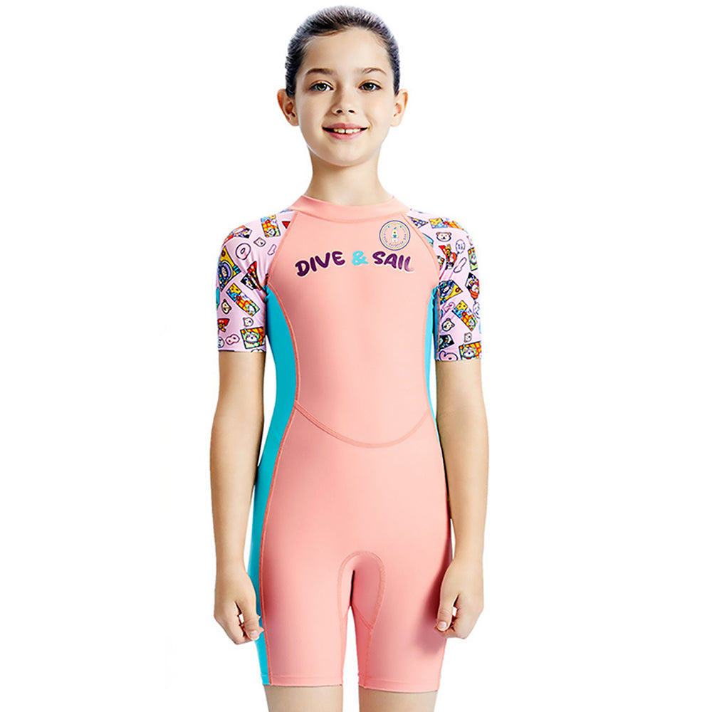Pink Multi-Color Toy Play Printed, Half Sleeves, Knee Length Kids Swimwear in Upf 50+ Fabric with Swim Cap & Free Washbag -