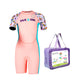 Pink Multi-Color Toy Play Printed, Half Sleeves, Knee Length Kids Swimwear in Upf 50+ Fabric with Swim Cap & Free Washbag -