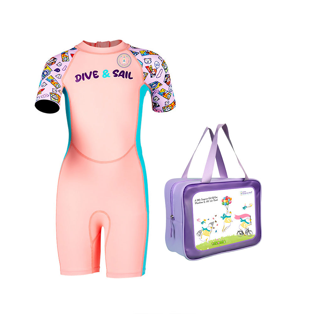 Pink Multi-Color Toy Play Printed, Half Sleeves, Knee Length Kids Swimwear in Upf 50+ Fabric with Swim Cap & Free Washbag -