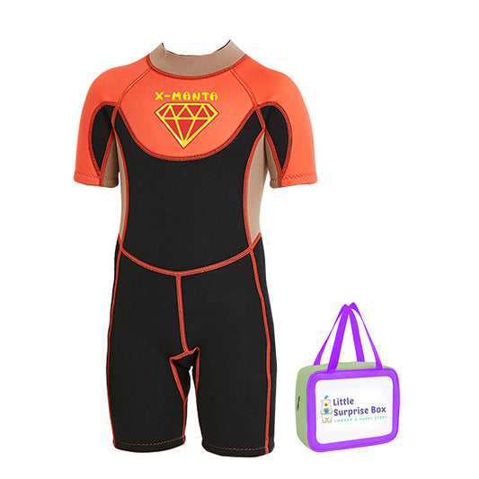Superhero Brown & Orange 2.5mm Neoprene Knee Length Kids Swimsuit, Half Sleeves Swimwear with Free Washbag - Little