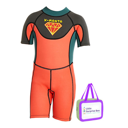 Superhero Green & Orange 2.5mm Neoprene Knee Length Kids Swimsuit, Half Sleeves Swimwear with Free Washbag - Little