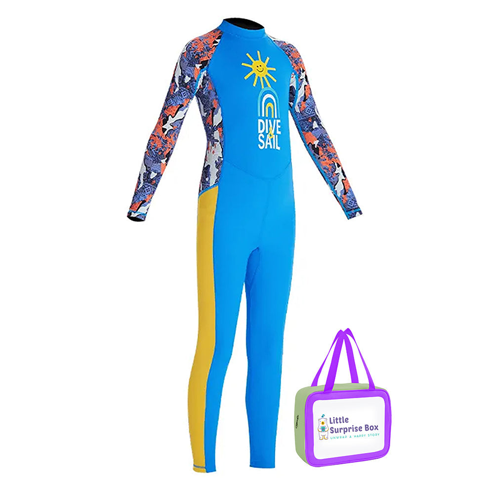 Full Sleeves Kids Swimwear Sky Blue & Yellow Sunshine Printed Full Length, with UPF 50+ with Free Washbag - Little Surprise