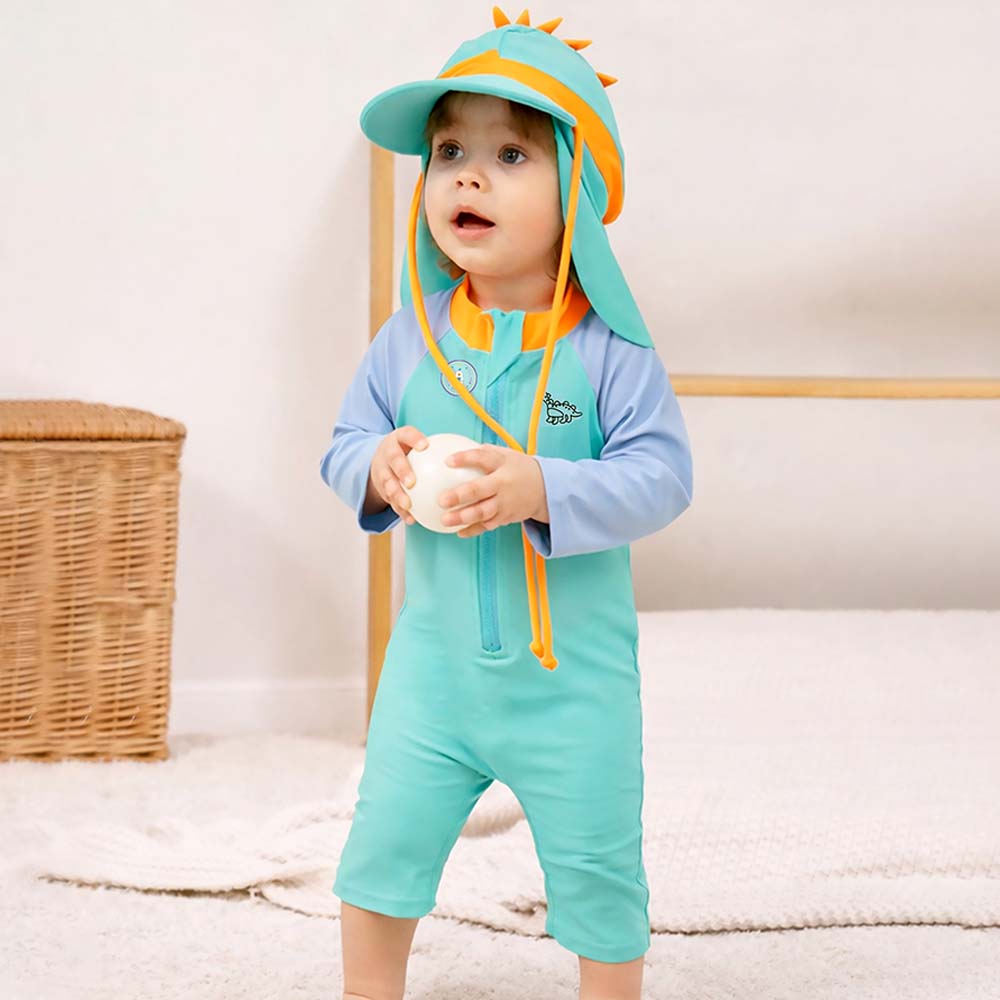 Teal & Orange Spikes, Toddlers & Kids Swimwear with Long Cap, Free Wash Bag & Free Swim Detergent - Little Surprise Box