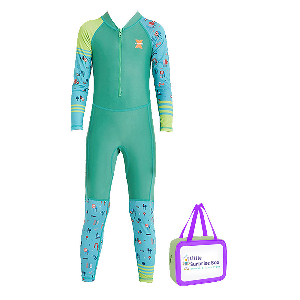 Full Sleeves Kids Swimwear Light Green & Dark Green Transport theme, UPF 50+ with Free Washbag - Little Surprise Box