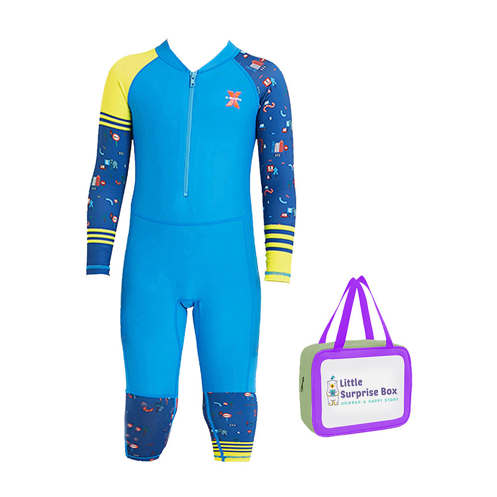 Full Sleeves Kids Swimwear Yellow & Blue Transport theme, UPF 50+ with matching Swim Cap&Free Washbag - Little Surprise Box