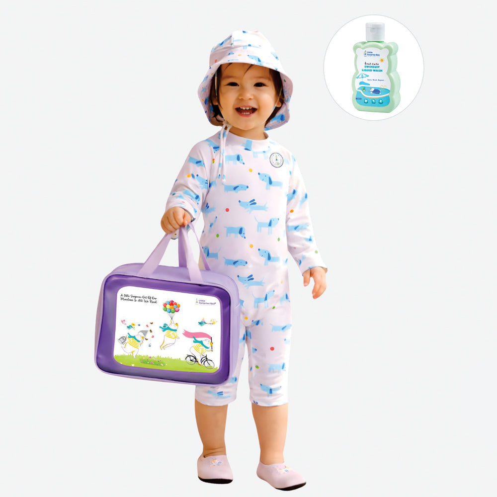 White & Blue Dog, Toddlers & Kids Swimwear with matching Hat, Free Wash Bag & Free Swim Detergent - Little Surprise Box