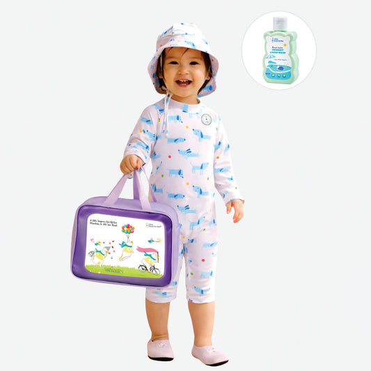 White & Blue Dog, Toddlers & Kids Swimwear with matching Hat, Free Wash Bag & Free Swim Detergent - Little Surprise Box