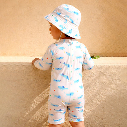 White & Blue Dog, Toddlers & Kids Swimwear with matching Hat, Free Wash Bag & Free Swim Detergent - Little Surprise Box