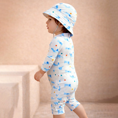 White & Blue Dog, Toddlers & Kids Swimwear with matching Hat, Free Wash Bag & Free Swim Detergent - Little Surprise Box
