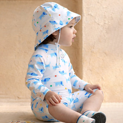 White & Blue Dog, Toddlers & Kids Swimwear with matching Hat, Free Wash Bag & Free Swim Detergent - Little Surprise Box