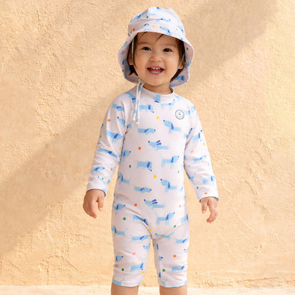 White & Blue Dog, Toddlers & Kids Swimwear with matching Hat, Free Wash Bag & Free Swim Detergent - Little Surprise Box