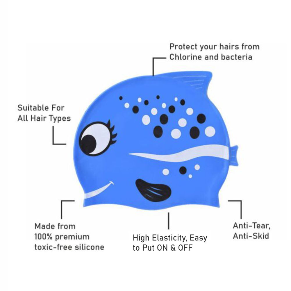 Black Polka Blue Fishy, Silicone Kids Swim Cap, 5 years -15 years - Little Surprise Box