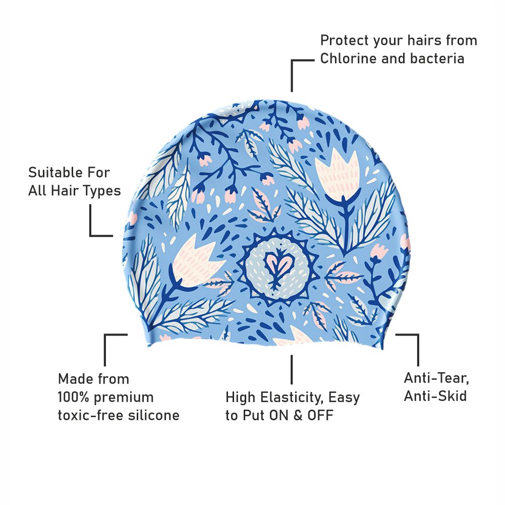 Blue Leaf & Bloom theme Swimming Cap for Kids and Adults, 12 years and above. - Little Surprise Box