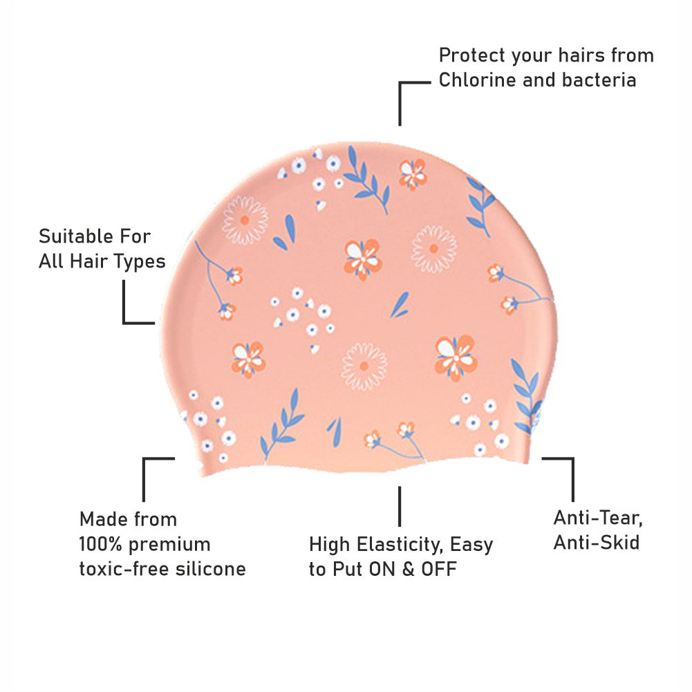 Peach Small Flower Print Swimming Cap for Kids and Adults, 10 years and above. - Little Surprise Box