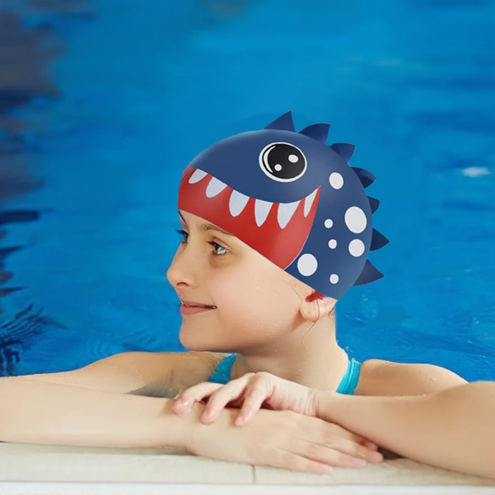 3d White Polka Navy, Silicone Kids Swim Cap, 5 years -15 years - Little Surprise Box