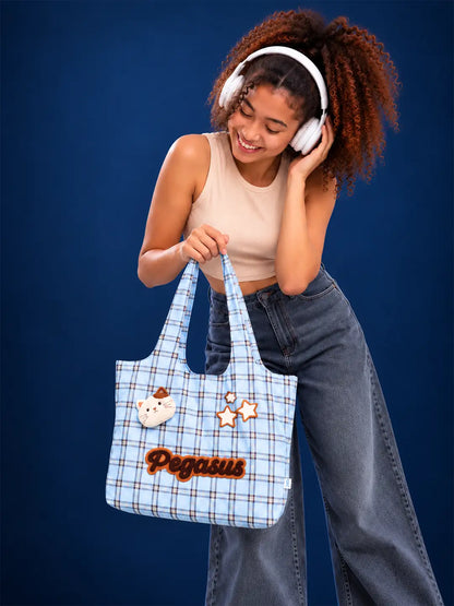 Blue Checks Pegasus Tote Bag