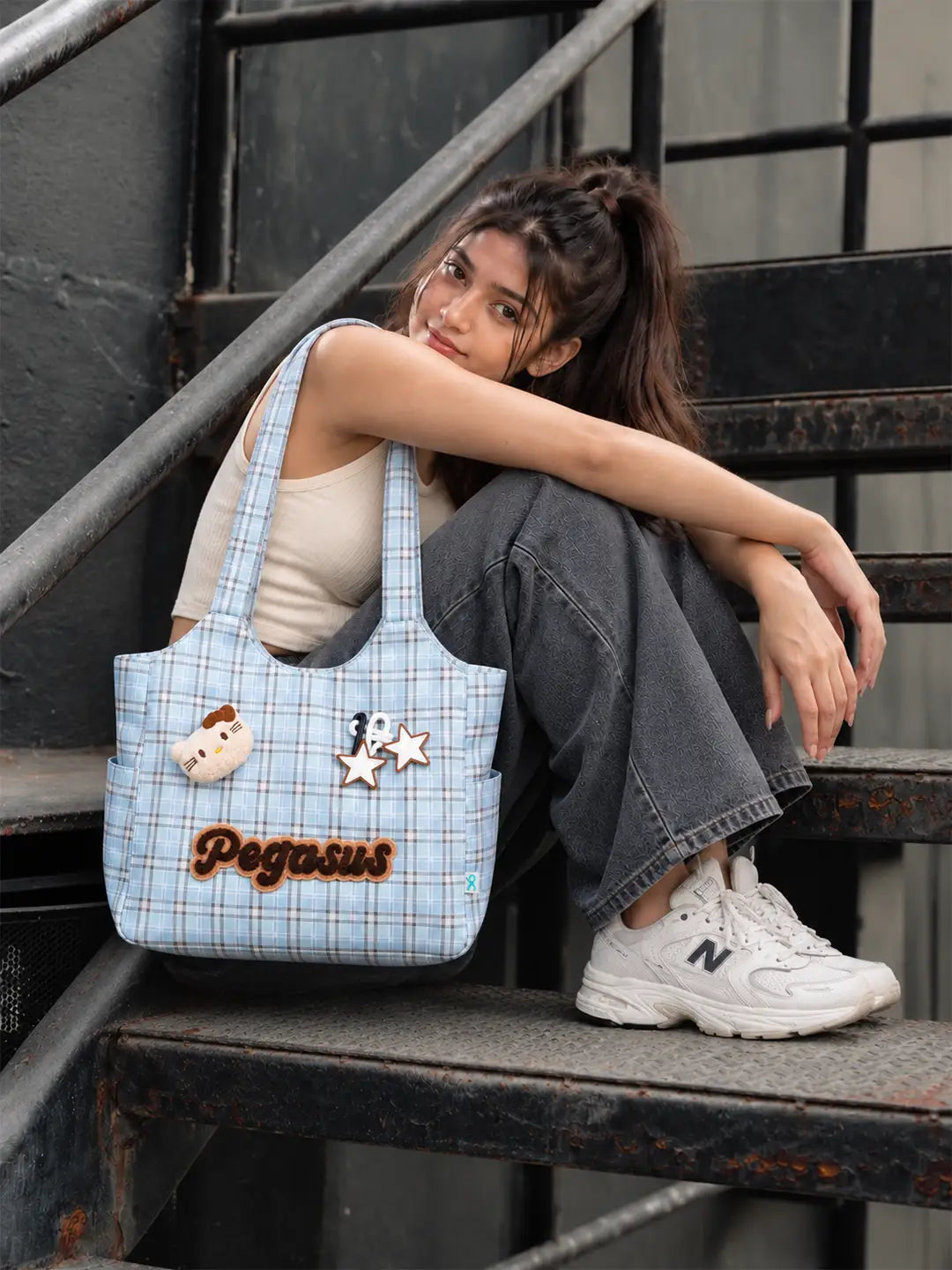 Blue Checks Pegasus Tote Bag