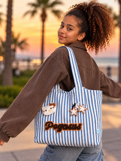 Blue & White Striped Pegasus Tote Bag