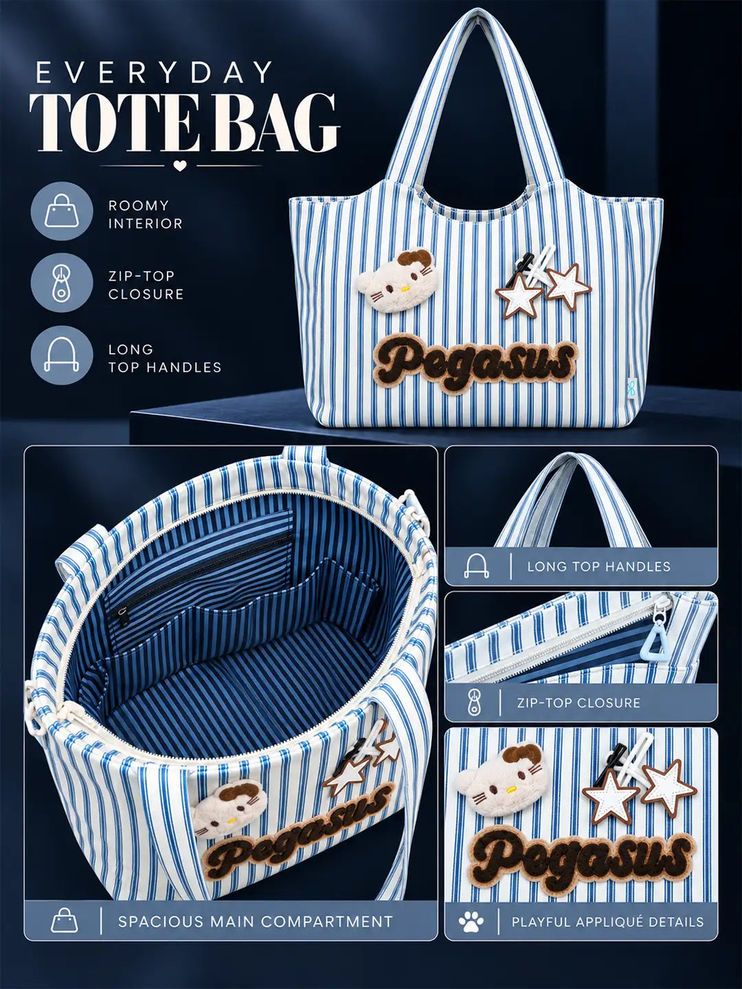Blue & White Striped Pegasus Tote Bag