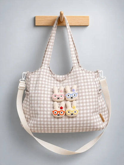 Brown Gingham Checks 3D Glasses Bunny Tote Bag