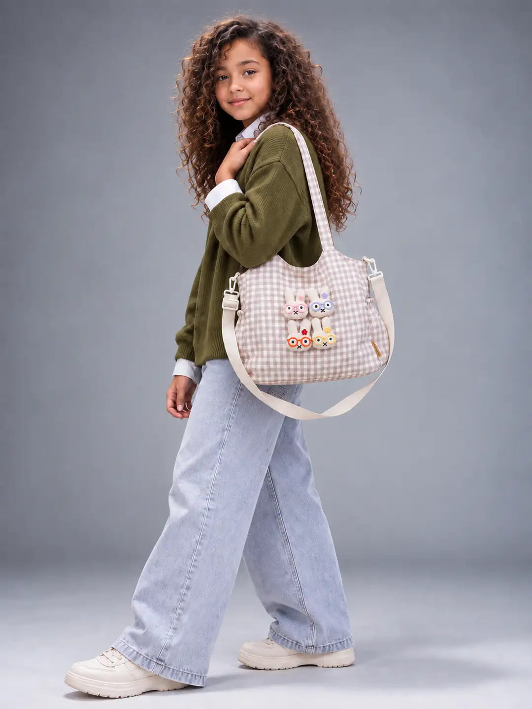 Brown Gingham Checks 3D Glasses Bunny Tote Bag