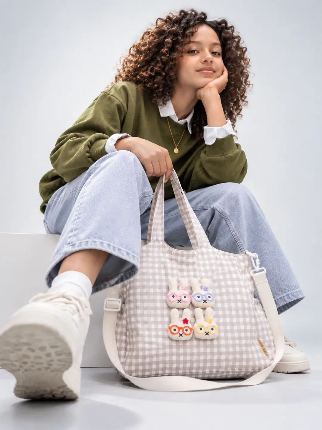 Brown Gingham Checks 3D Glasses Bunny Tote Bag