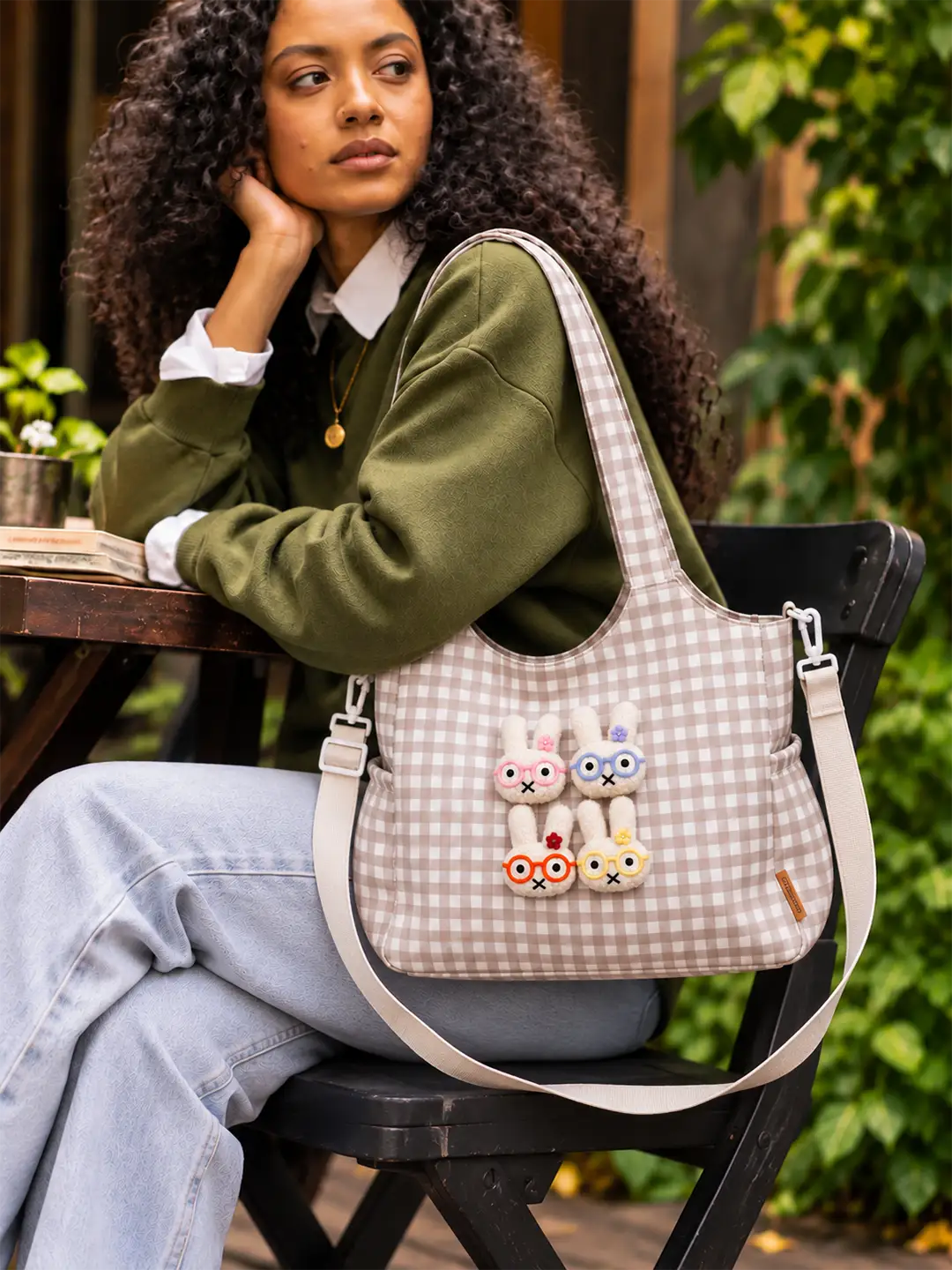 Brown Gingham Checks 3D Glasses Bunny Tote Bag