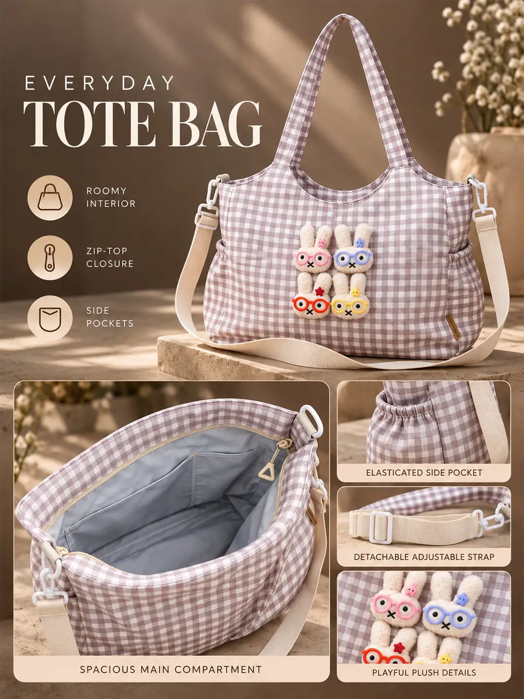 Brown Gingham Checks 3D Glasses Bunny Tote Bag