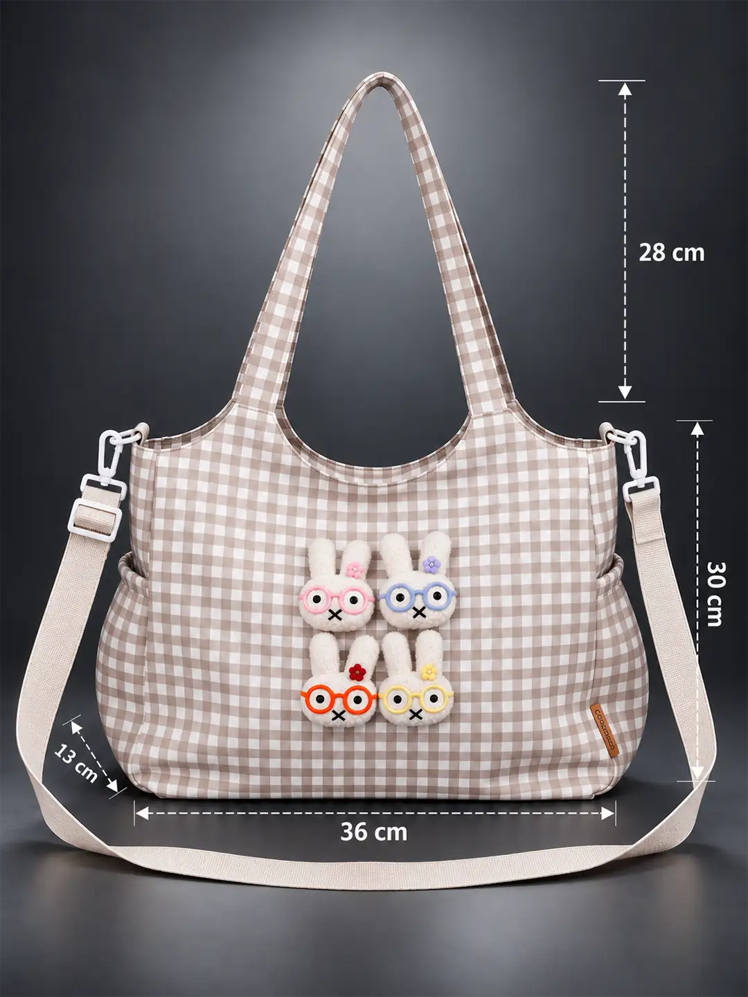 Brown Gingham Checks 3D Glasses Bunny Tote Bag