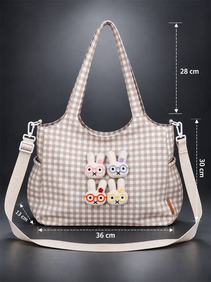 Brown Gingham Checks 3D Glasses Bunny Tote Bag