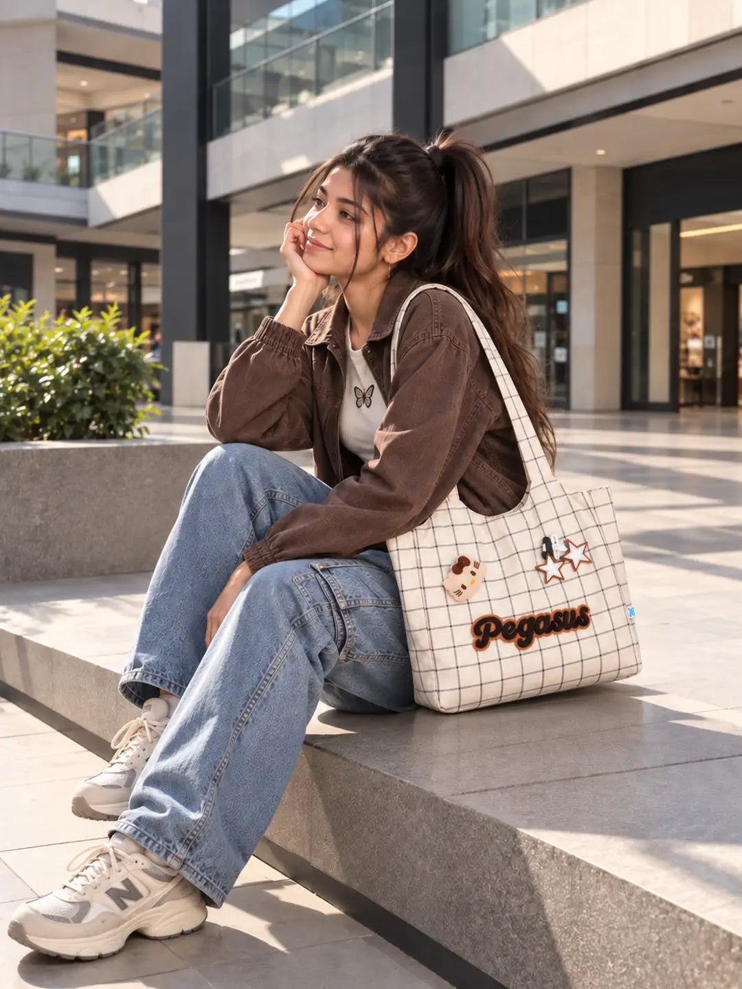 Cream Checks Pegasus Tote Bag