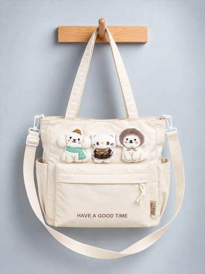 Cream 3D Puppy & Cat Tote Bag