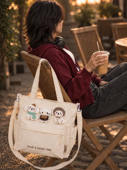 Cream 3D Puppy & Cat Tote Bag