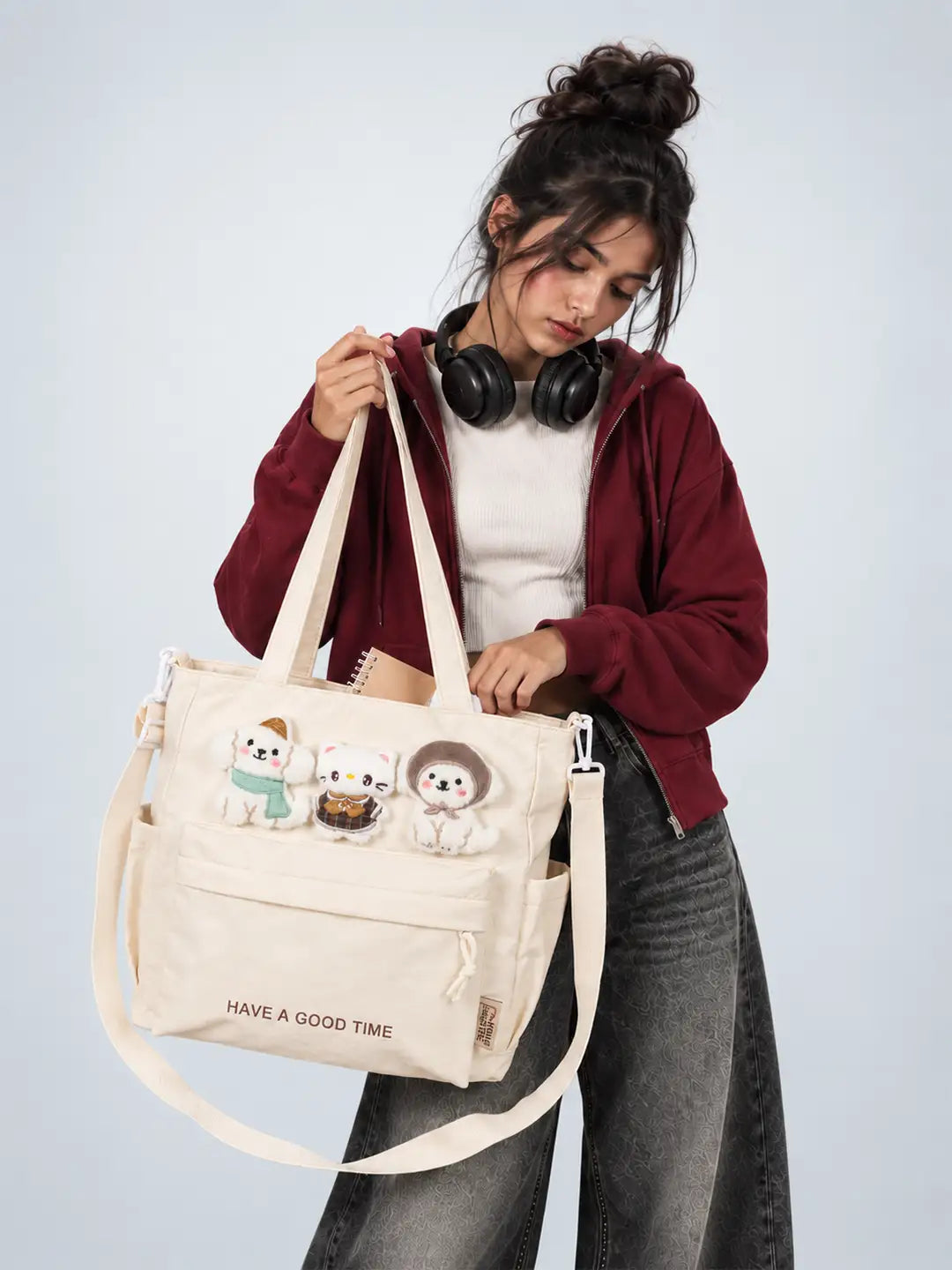 Cream 3D Puppy & Cat Tote Bag