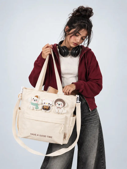 Cream 3D Puppy & Cat Tote Bag