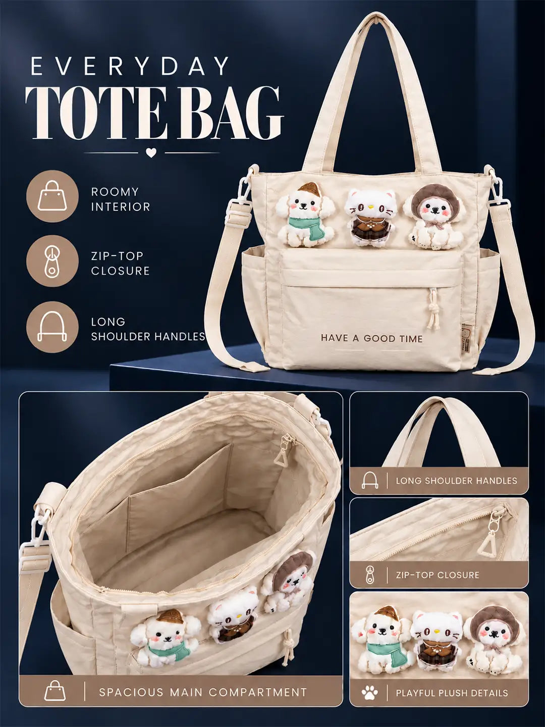 Cream 3D Puppy & Cat Tote Bag