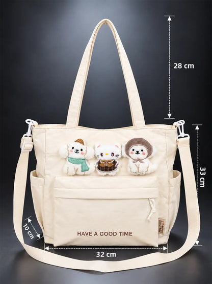 Cream 3D Puppy & Cat Tote Bag