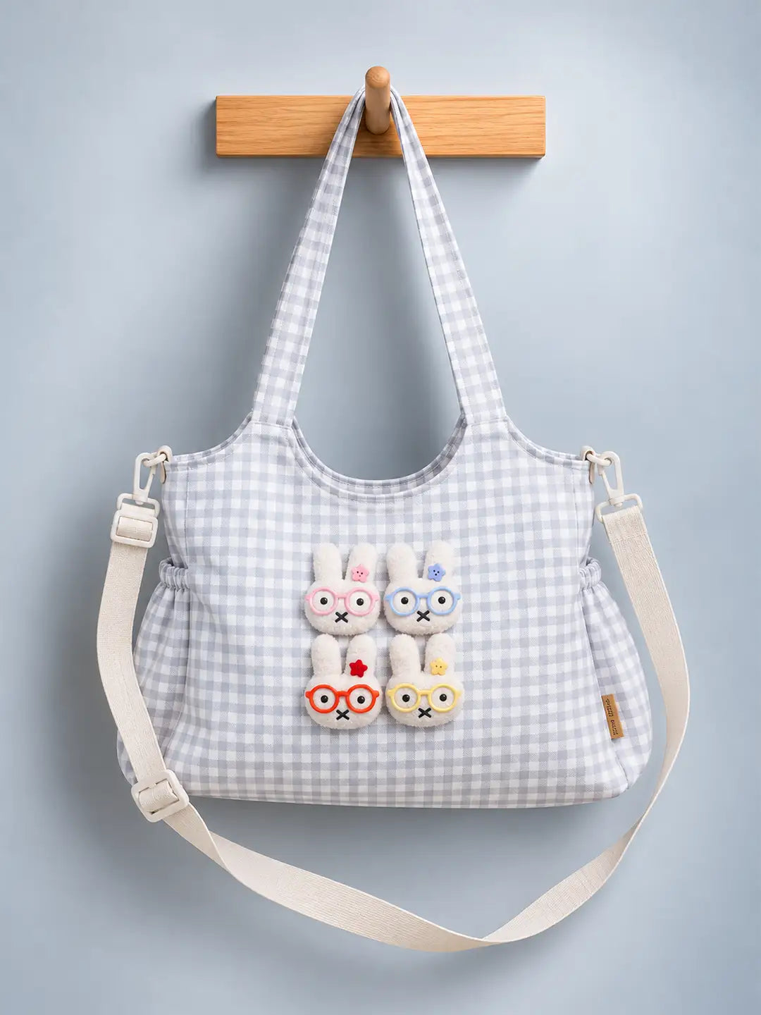 Grey Gingham Checks 3D Glasses Bunny Tote Bag