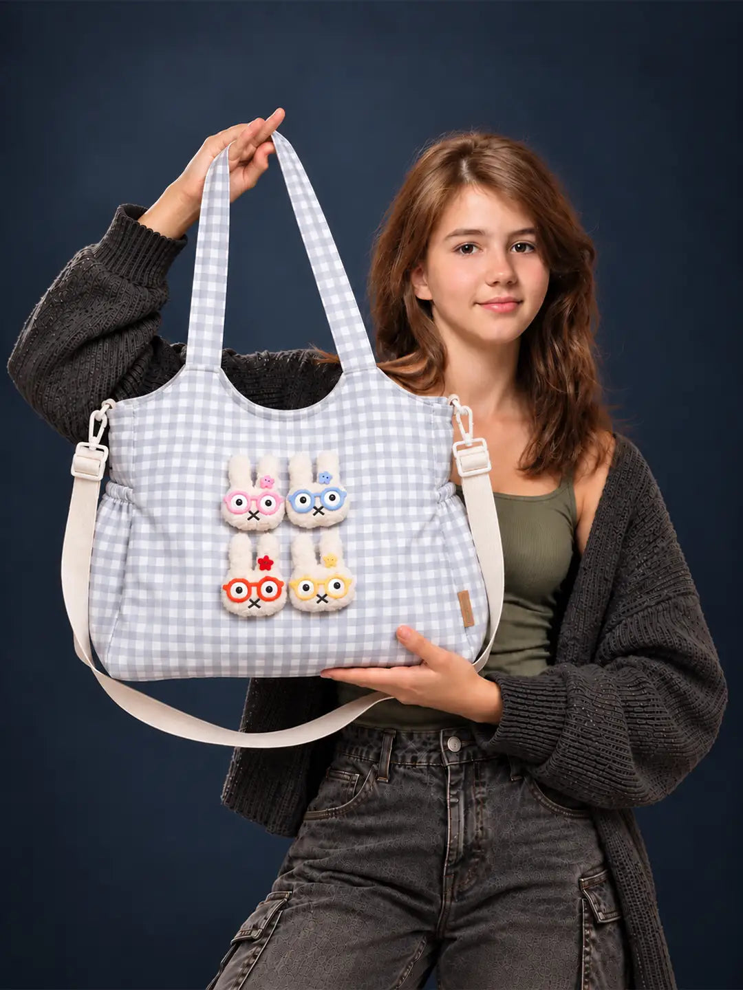 Grey Gingham Checks 3D Glasses Bunny Tote Bag
