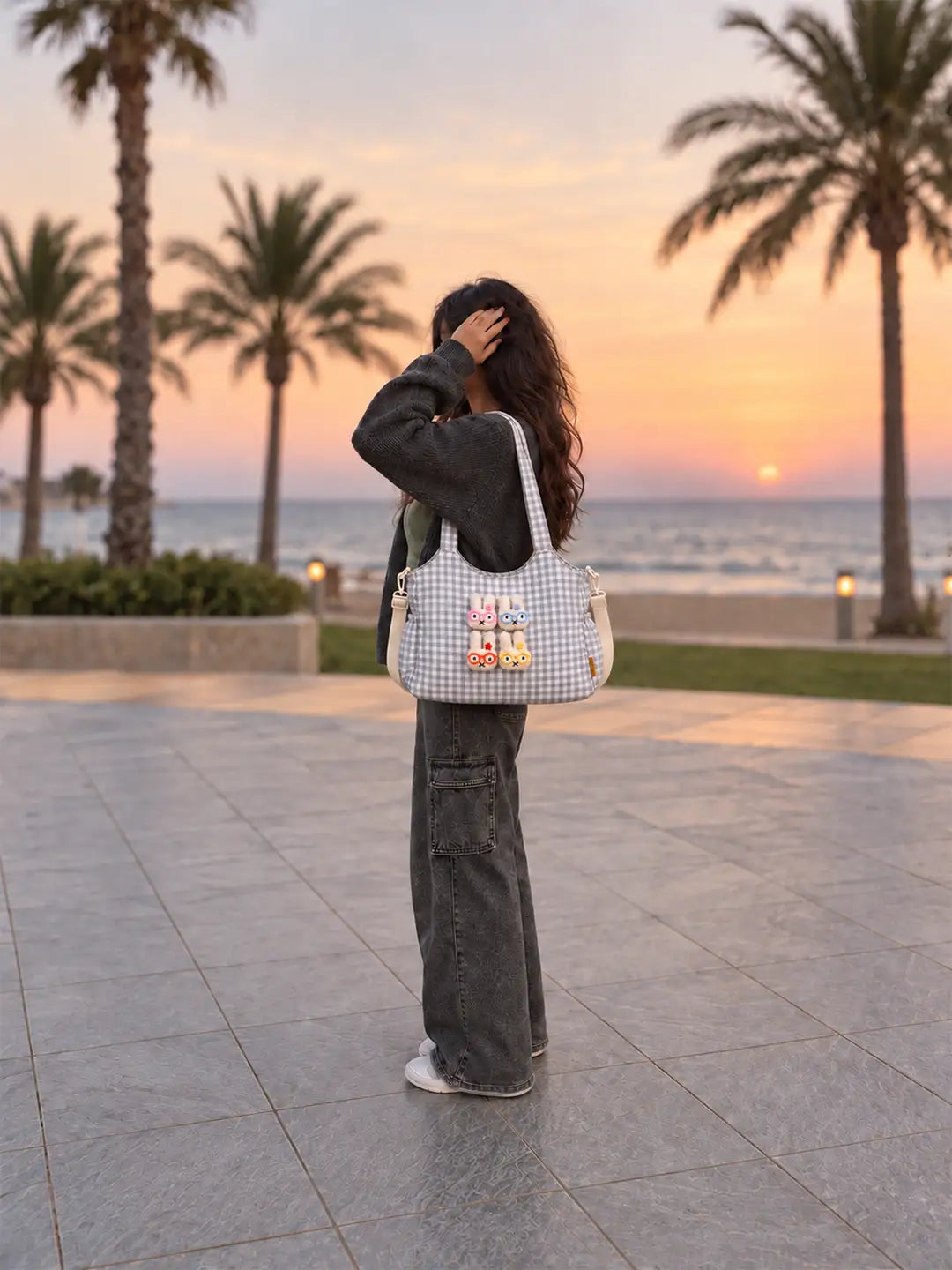Grey Gingham Checks 3D Glasses Bunny Tote Bag